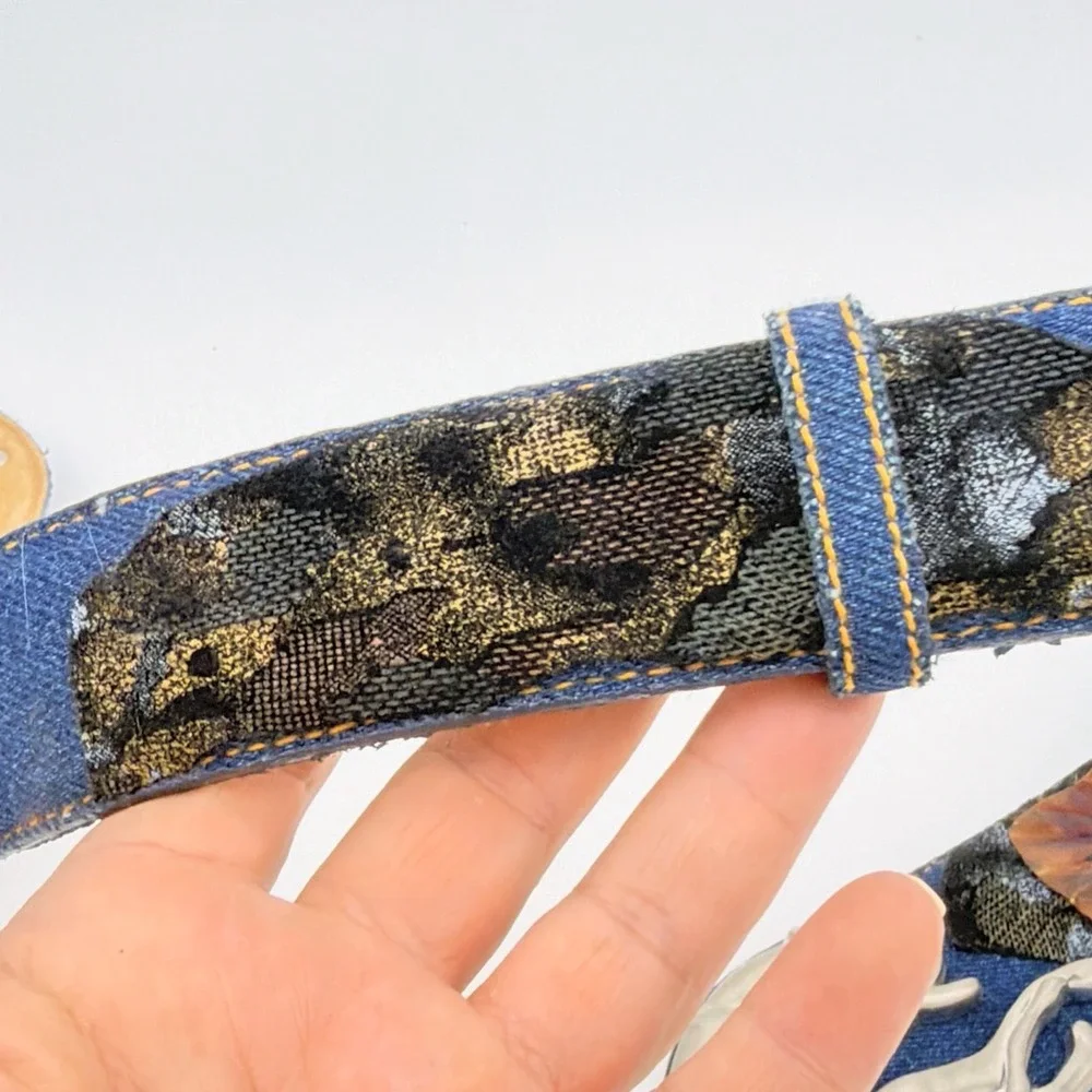 VTG Denim Leather Belt Peacock Feathers Leopard Silver Tone Buckle Adjustable